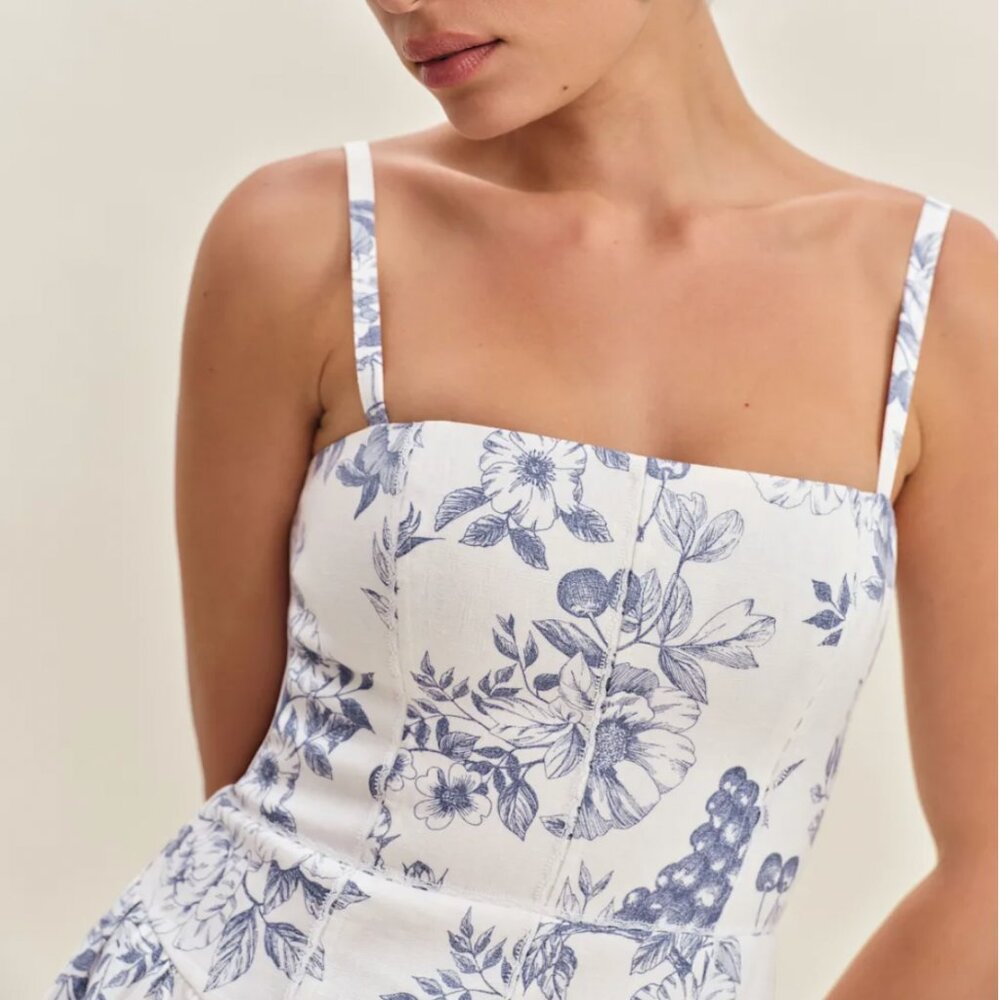 Reformation Katarin Linen Midi Dress Sz2 Carla Blue White Floral Casual Party - Picture 3 of 12